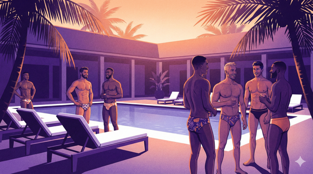 Stylized illustration of a diverse group of men in swimwear socializing by a tropical pool at a luxury gay resort during sunset.