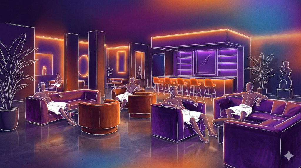 Digital illustration of a lounge area in a men's health club with moody purple and orange lighting, featuring men in white towels relaxing on modern sofas and armchairs near a bar.