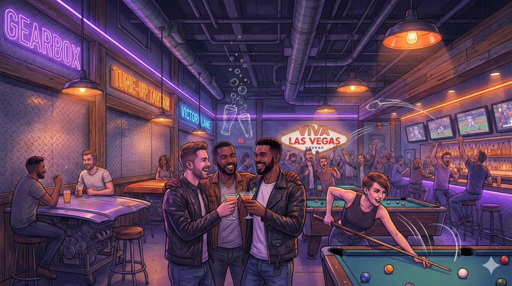 A vibrant, sketch-style illustration of a lively gay sports bar in Las Vegas featuring industrial garage-themed decor, neon violet lighting, and a diverse crowd of friends toasting drinks and playing pool.