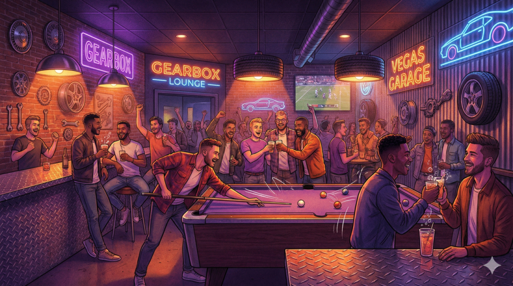 A vibrant, sketch-style illustration of a diverse group of friends socializing at a lively gay sports bar in Las Vegas, featuring industrial garage-themed decor, neon violet and orange lighting, and patrons playing pool and watching games.