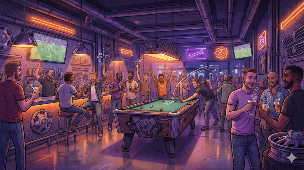 A vibrant, sketch-style illustration of a bustling gay sports bar featuring industrial garage decor, neon violet and orange lighting, and a diverse crowd of men cheering at soccer games and playing pool on a table built from an engine block.