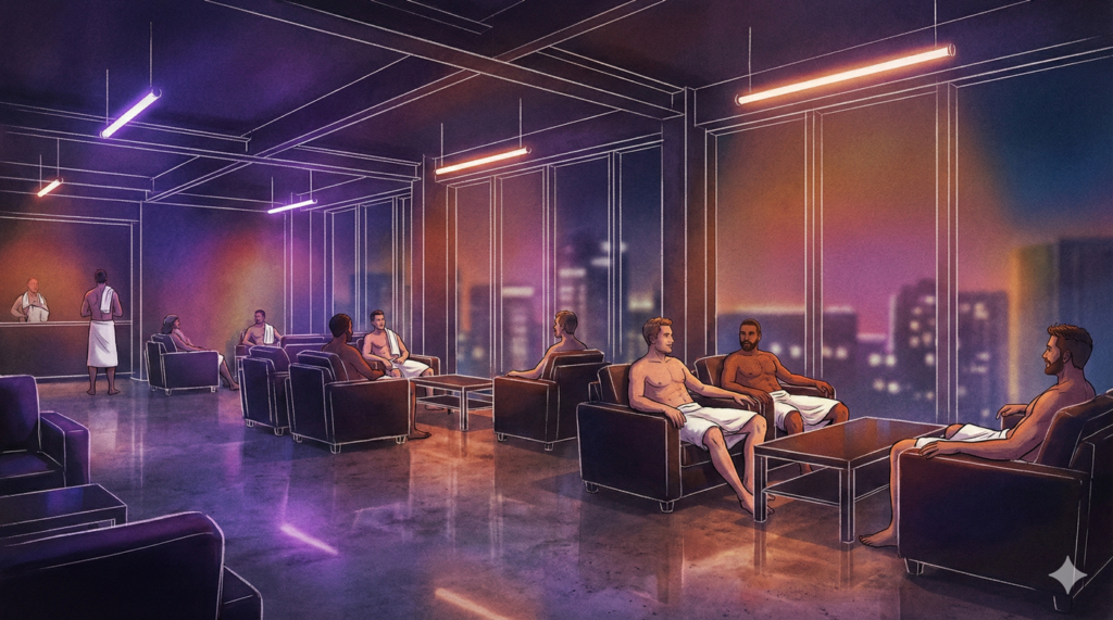 Digital illustration of a stylish men's health club lounge featuring a bar, where men in white towels relax on purple sofas and orange armchairs under moody neon lighting.
