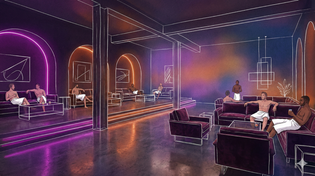 Digital illustration of a modern men's health club lounge, featuring men in white towels socializing on sofas amidst moody purple and orange neon lighting and architectural arches.